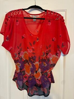 American Rag Red Sheer Floral Blouse with Lattice Shoulders
